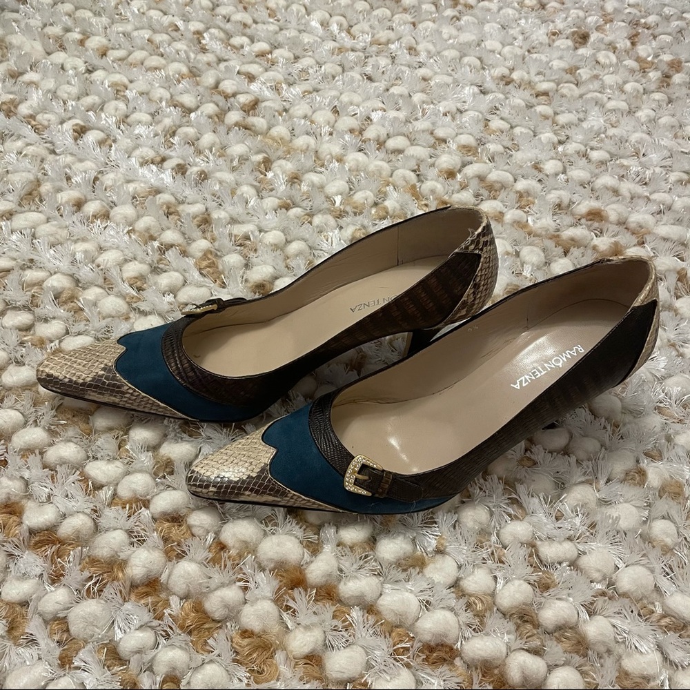Ramon Tenza blue suede & snake print heels. Leather upper.